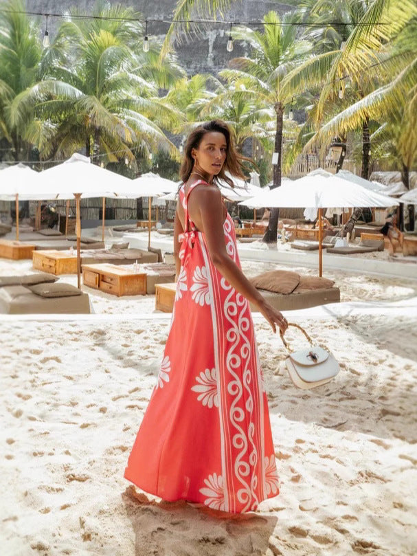 Coral Abstract Printed Shoulder Strap Dress