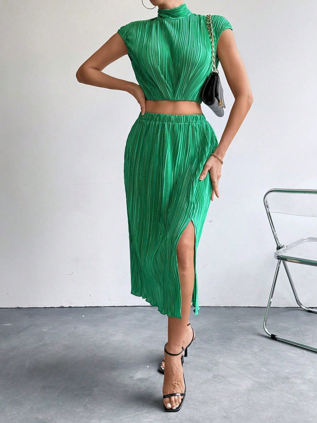 Green High Neck Top And Skirt Co-Ord Set