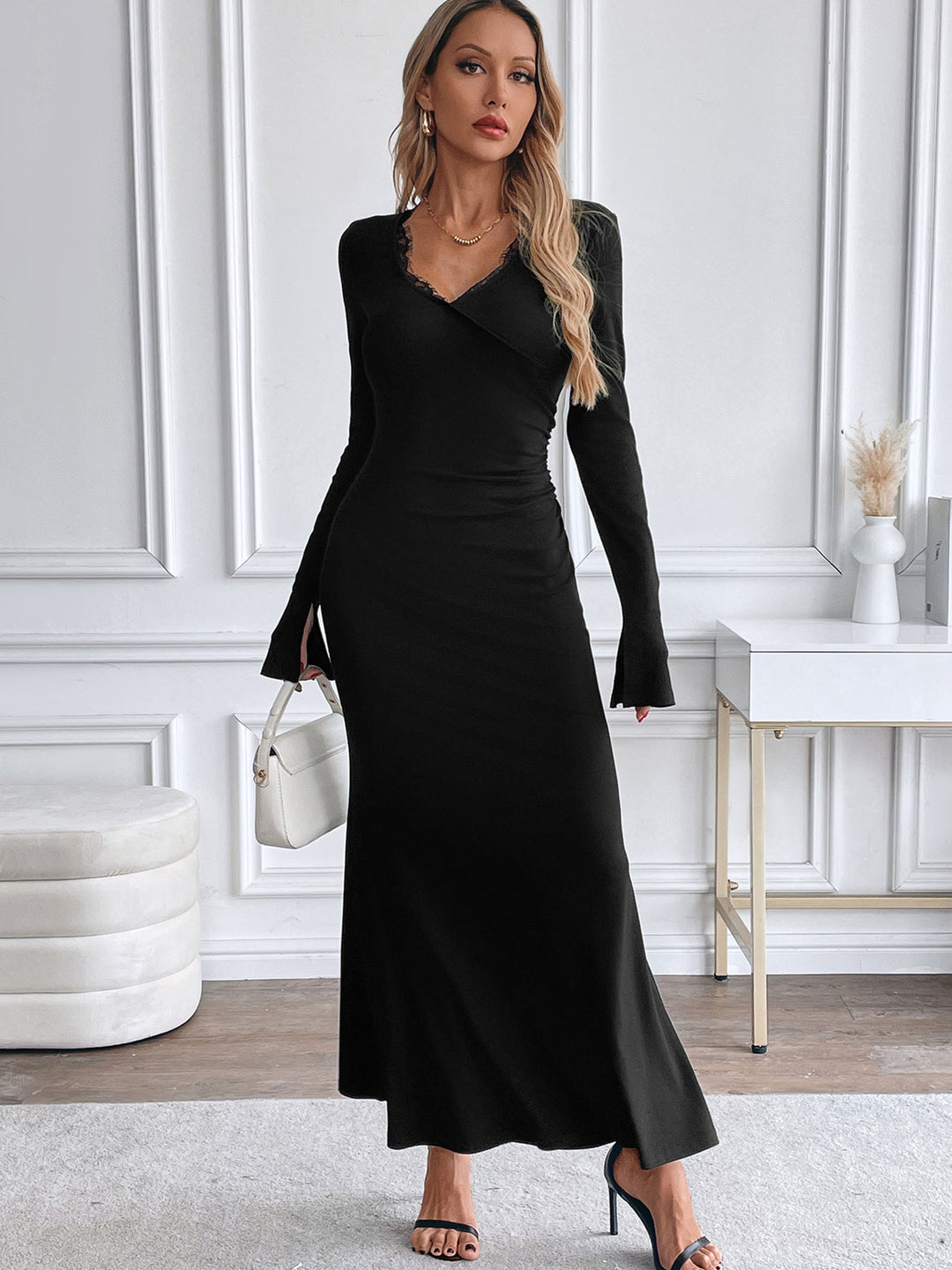 Black Plunge Neck Bodycon Maxi Dress