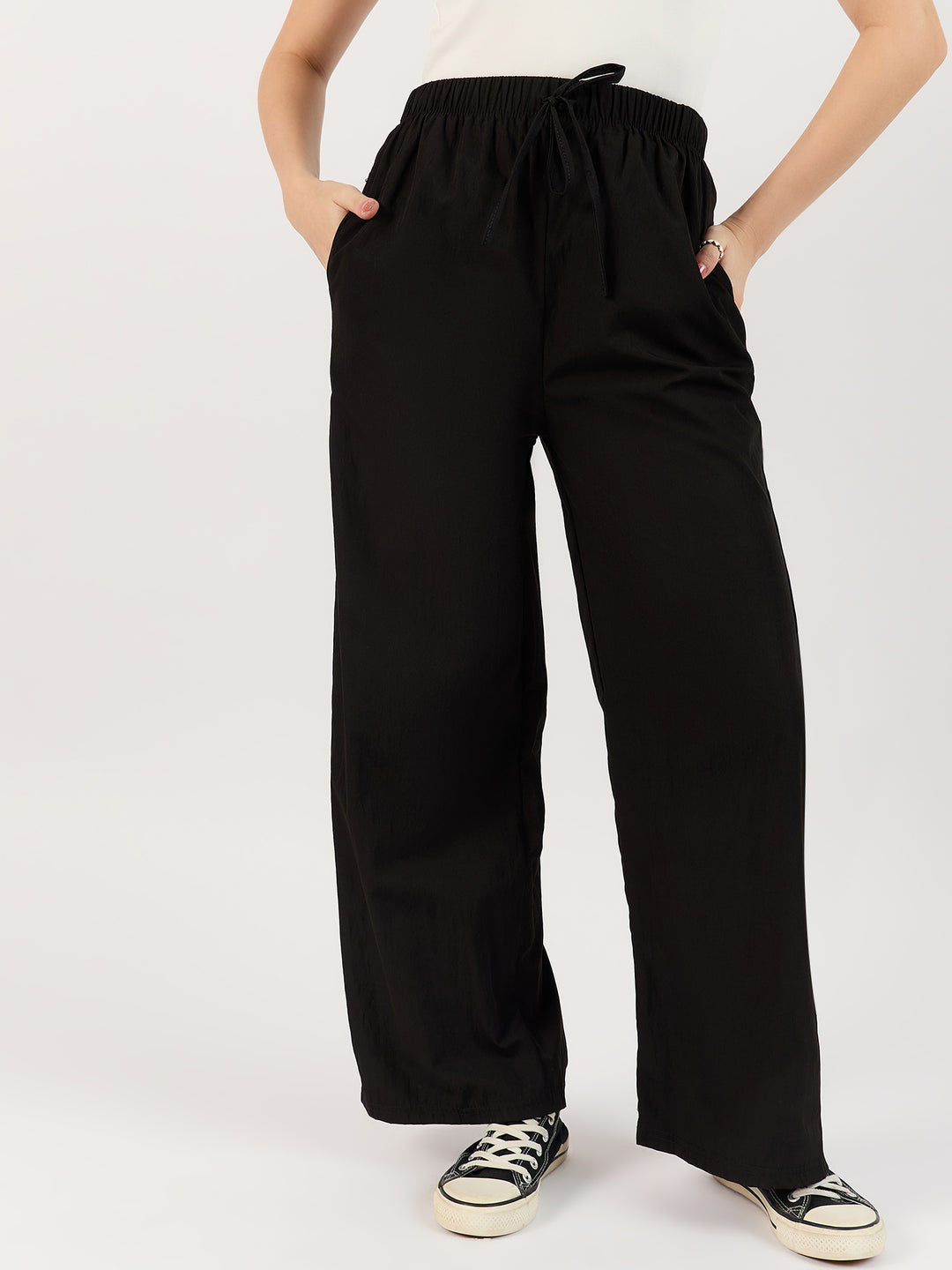 Textured Drawstring Black Trousers