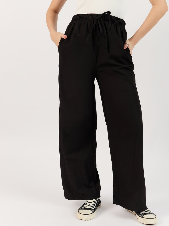 Textured Drawstring Black Trousers