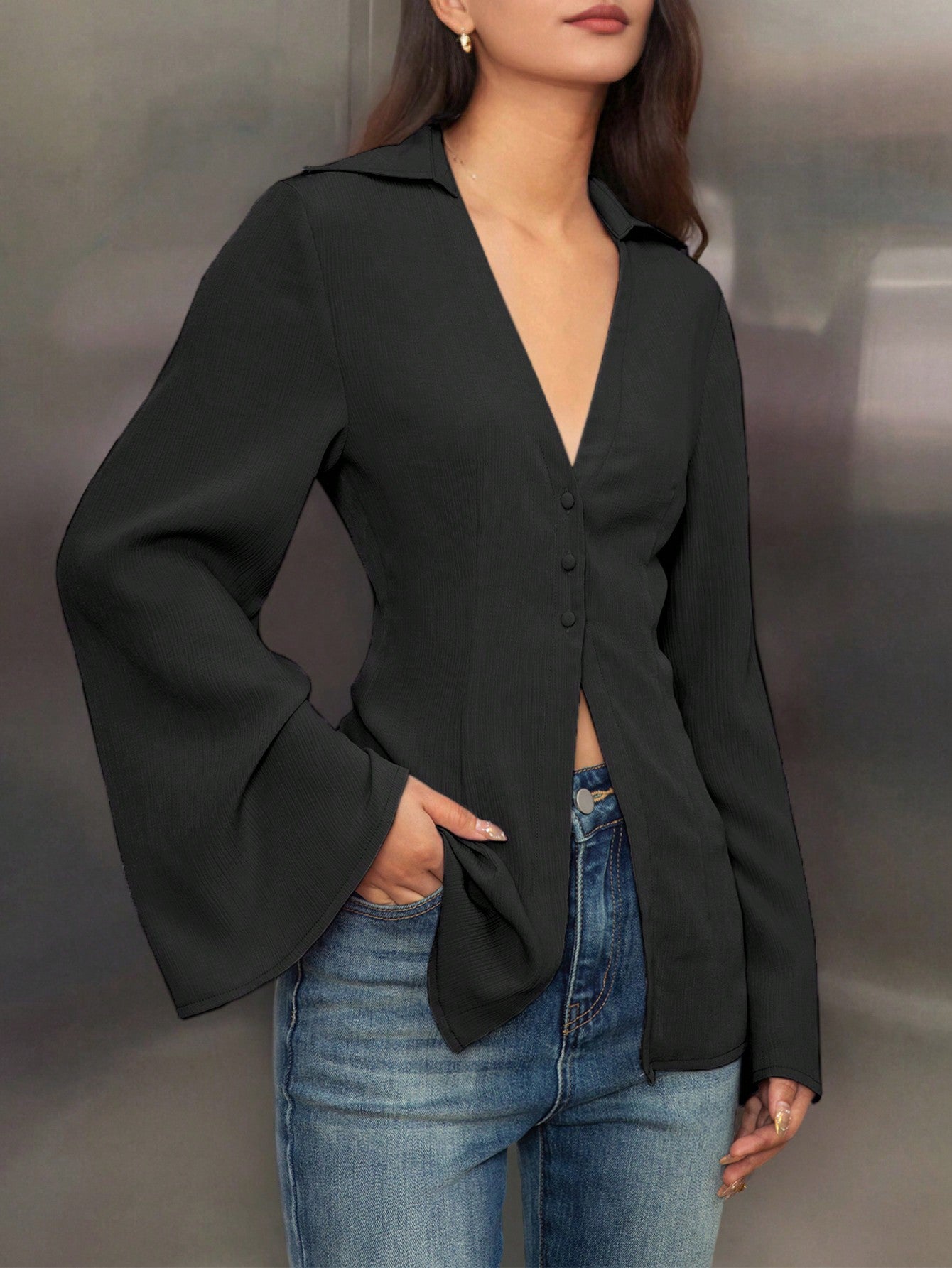 Black V-Neck Long Sleeve Shirt