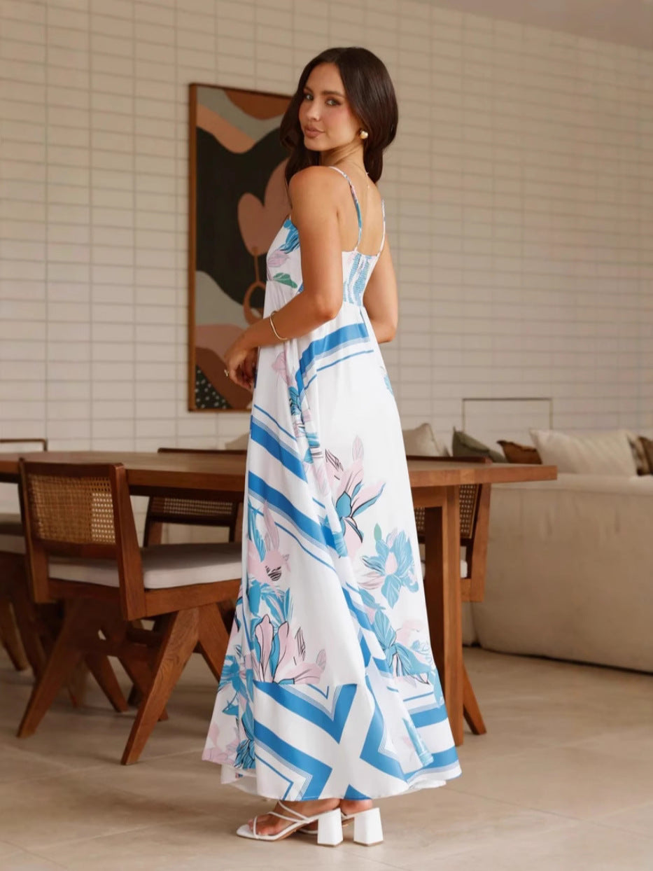 Blue Spaghetti Strap Abstract Printed Dress