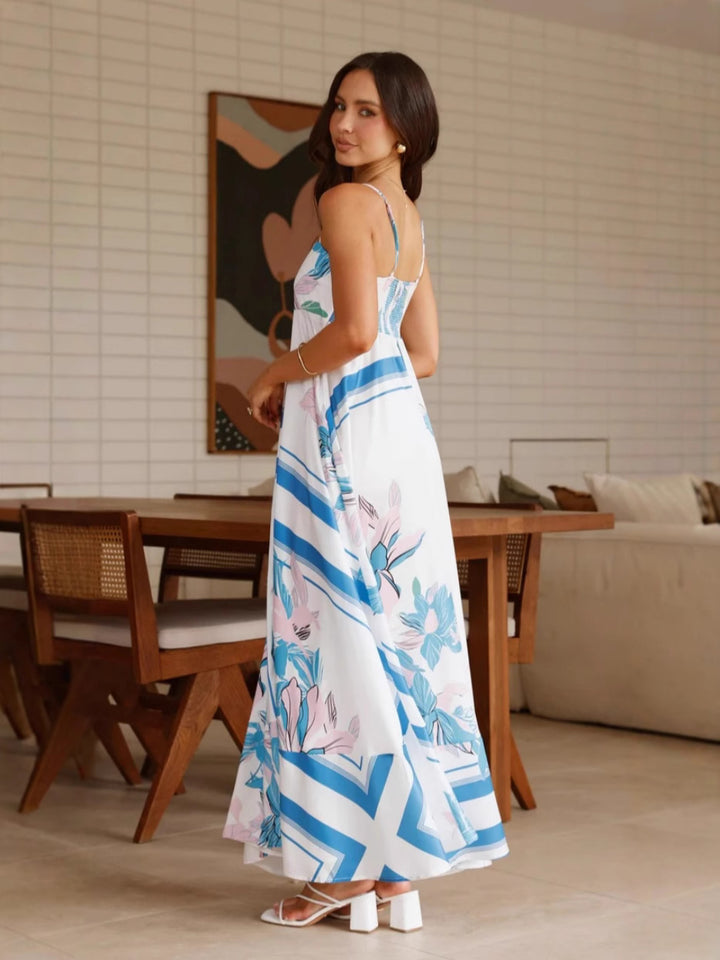 Blue Spaghetti Strap Abstract Printed Dress