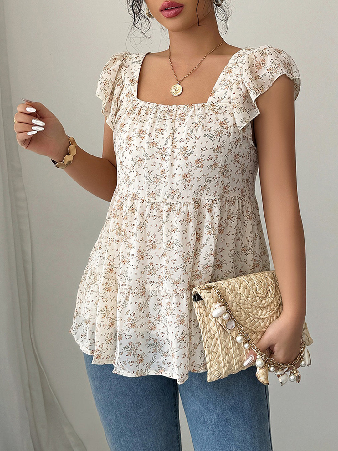 Cream Square Neck Printed Fit And Flare Top