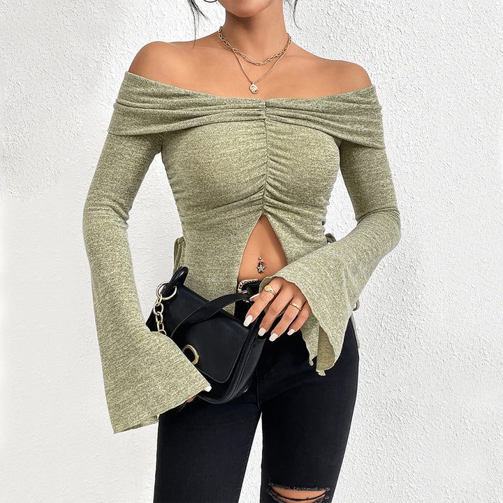 Green Off-Shoulder V Notch Hem Top