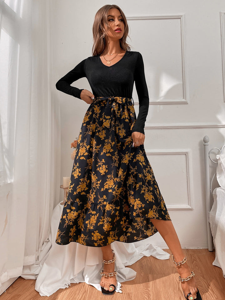 Black Full Sleeved Contrast Midi Dress