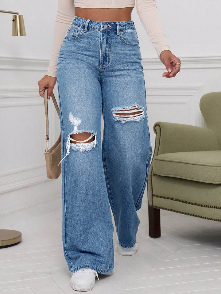 Blue Knee And Thigh Distressed Baggy Jeans