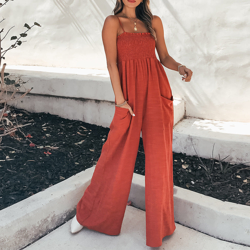 Red Smocked Bust Straight Fit Bottom Jumpsuit