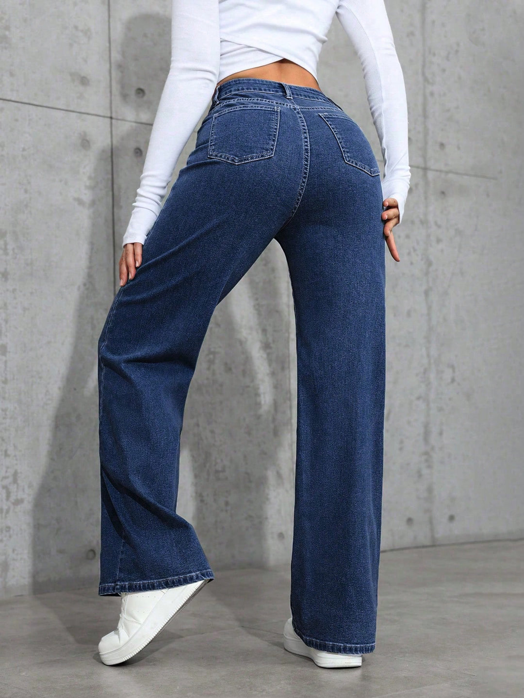 Blue Dark Washed Basic Wide Leg Jeans