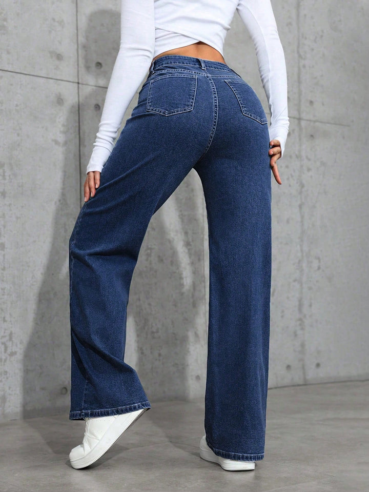 Blue Dark Washed Basic Wide Leg Jeans