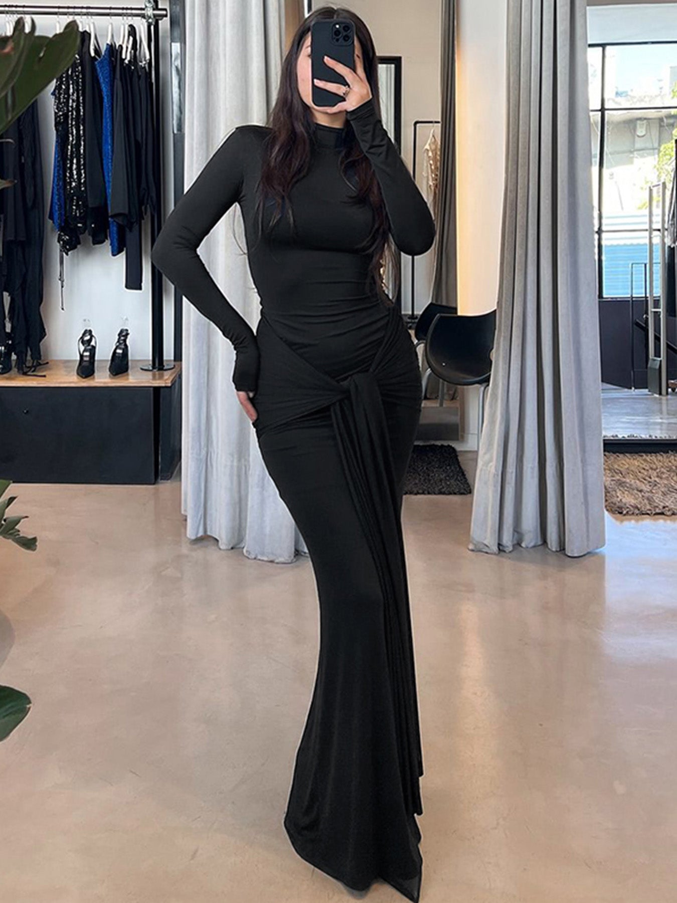 Black Bodycon Dress With Ruched Tie Up Detail