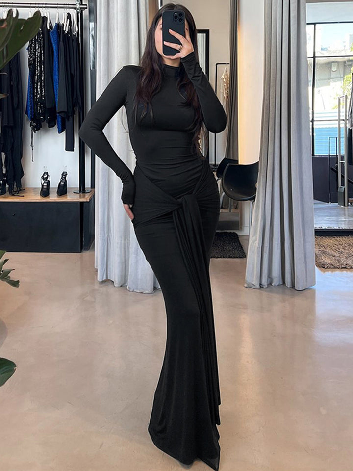 Black Bodycon Dress With Ruched Tie Up Detail
