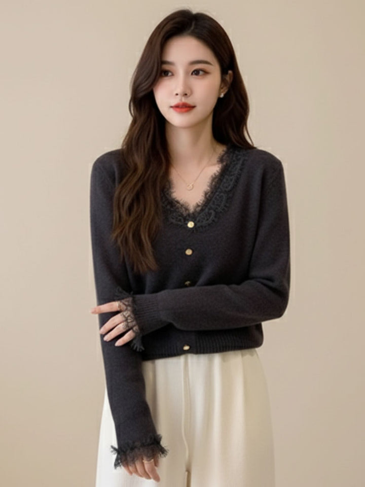 Navy Blue Full Sleeve Lace Hem Buttoned Top