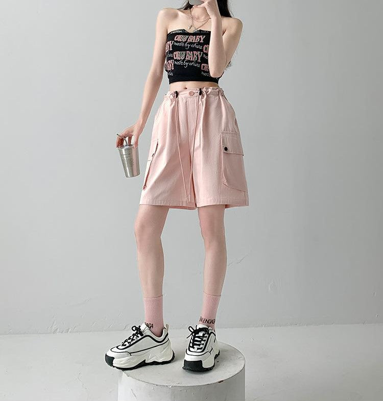 Pink Relaxed Fit Drawstring Cargo Shorts