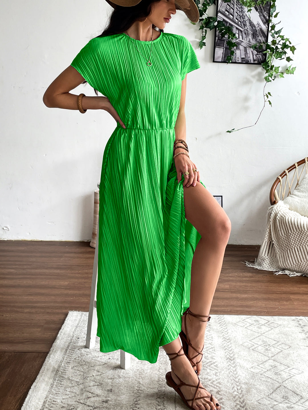 Green Pleated Solid Slit Dress