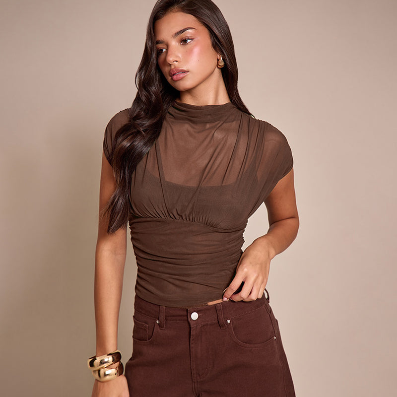Brown Short Sleeve Mesh Top