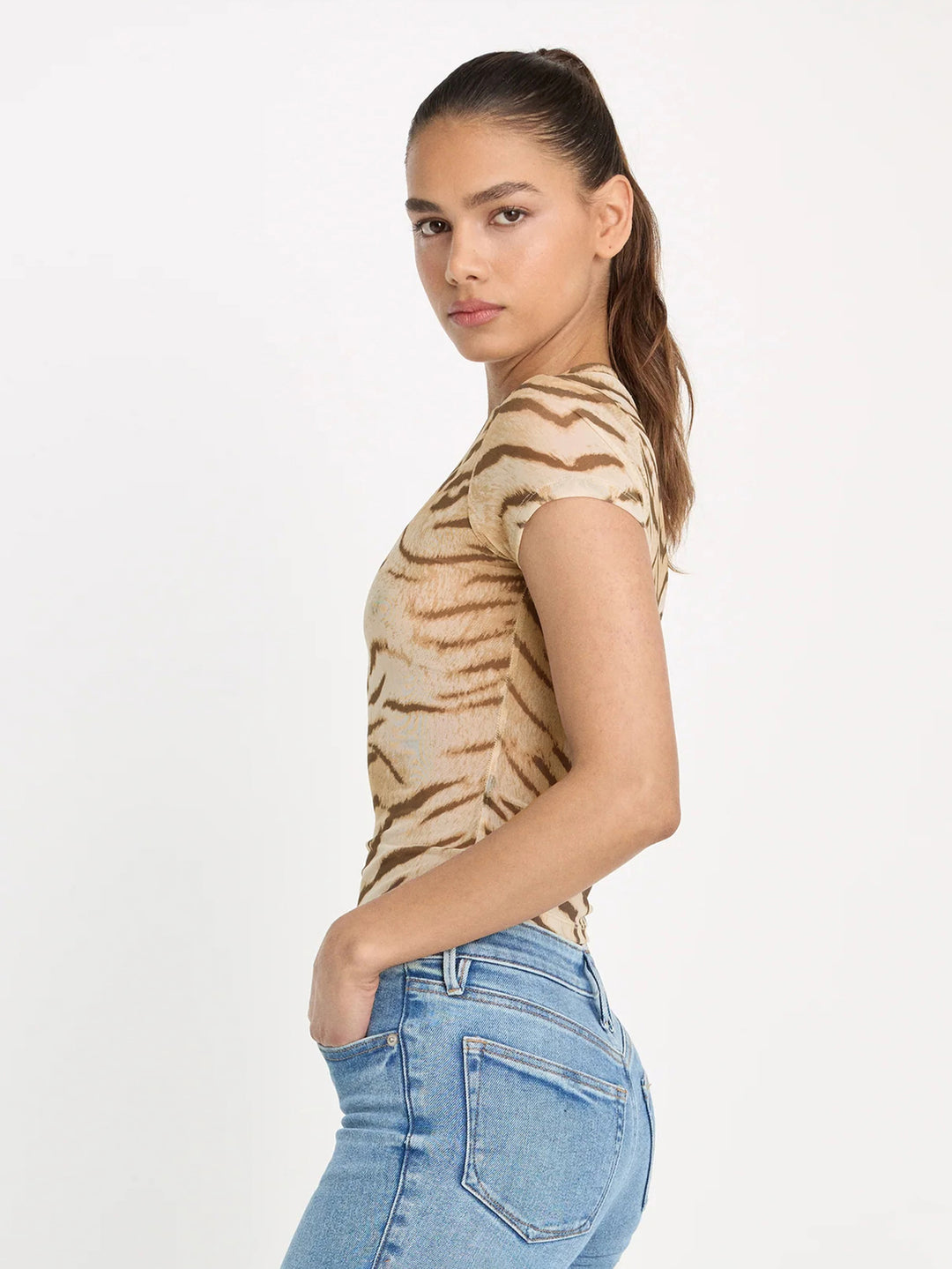Beige Animal Printed Mesh Top