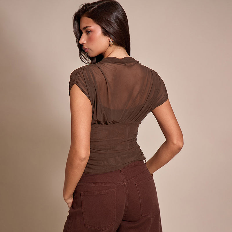 Brown Short Sleeve Mesh Top