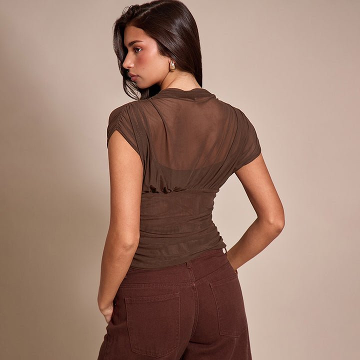 Brown Short Sleeve Mesh Top