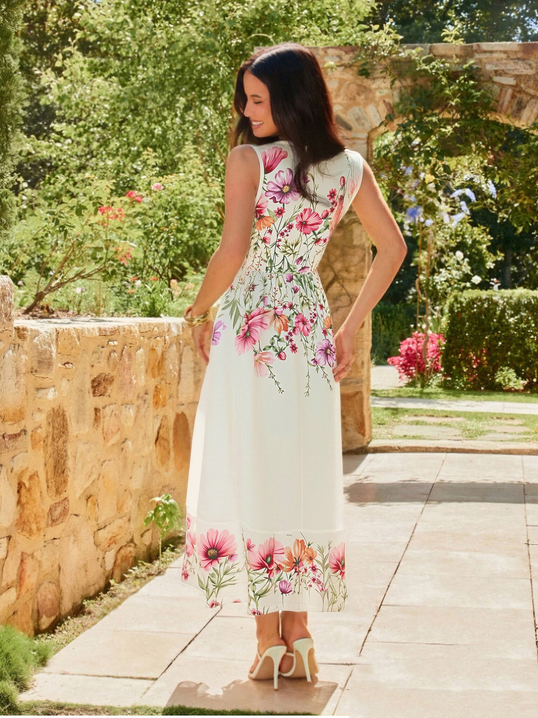 White Floral Printed Square Neck Dress