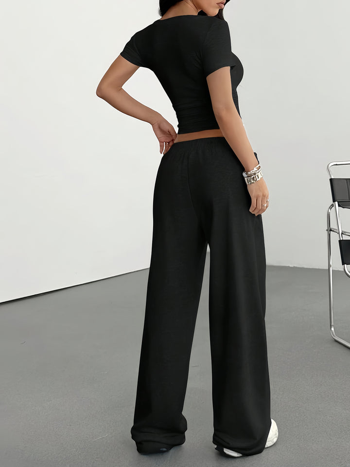 Black Short Sleeve Fitted Top And Pant Set