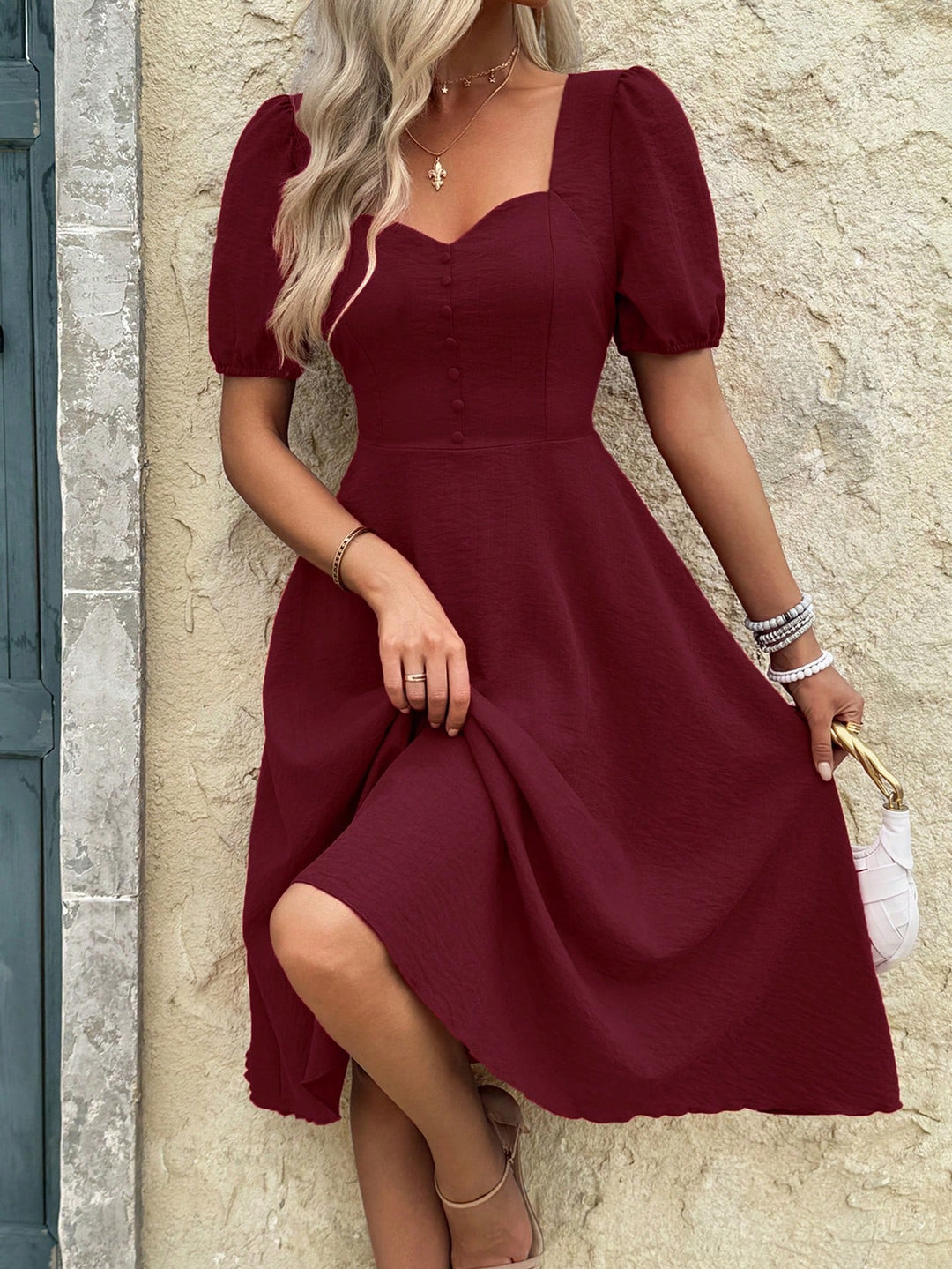 Burgundy Puff Sleeve Sweetheart Neck Dress