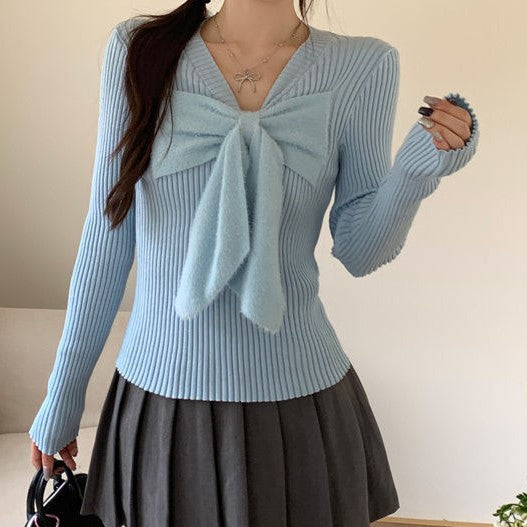 Light Blue Flat Knit With Bow Top