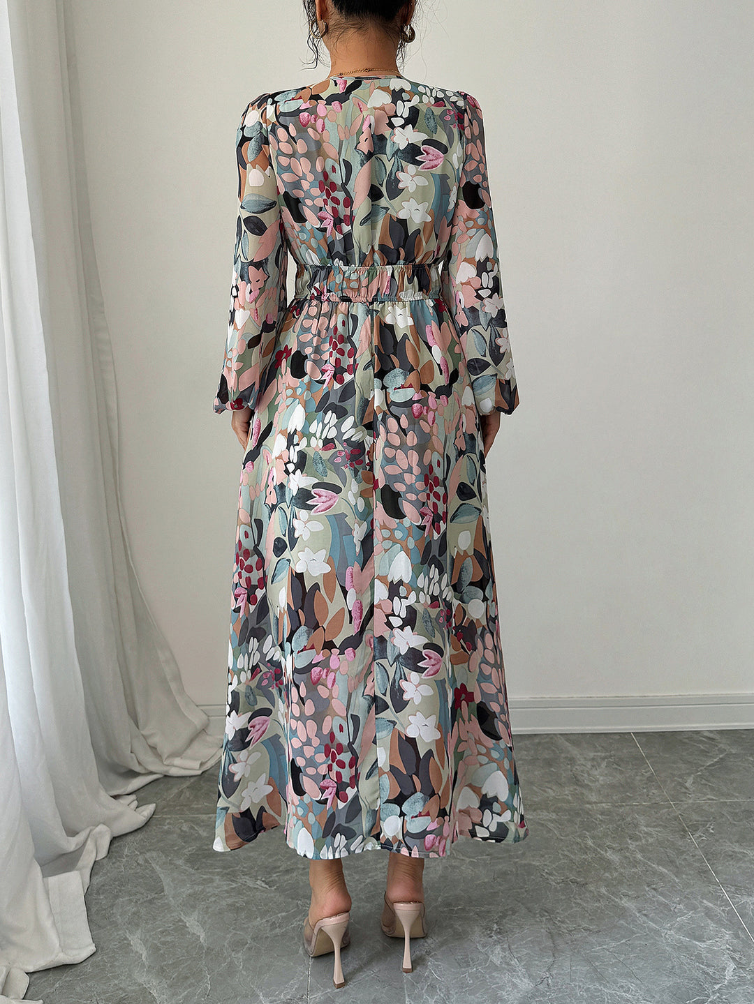 Green Plunge Neck Printed Maxi Dress