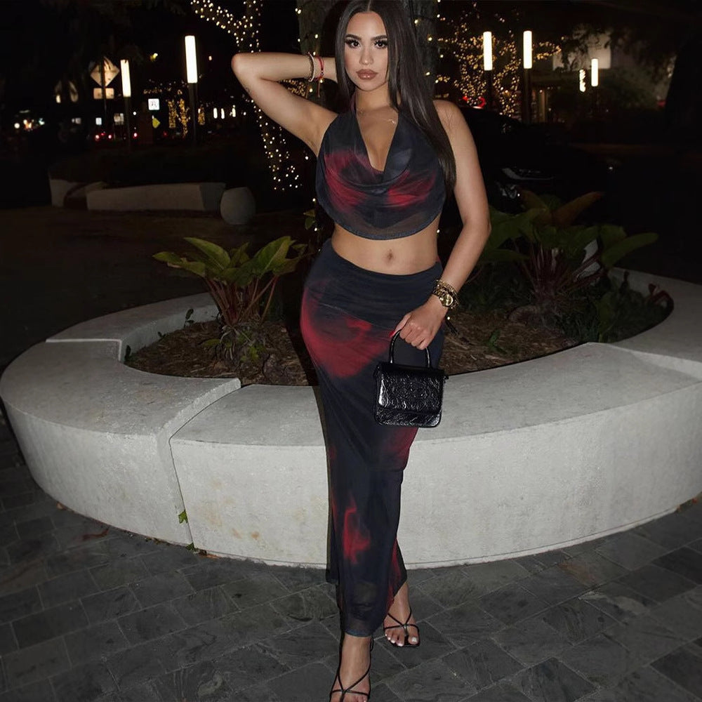 Black Cowl Neck Top And Skirt Co-Ord Set