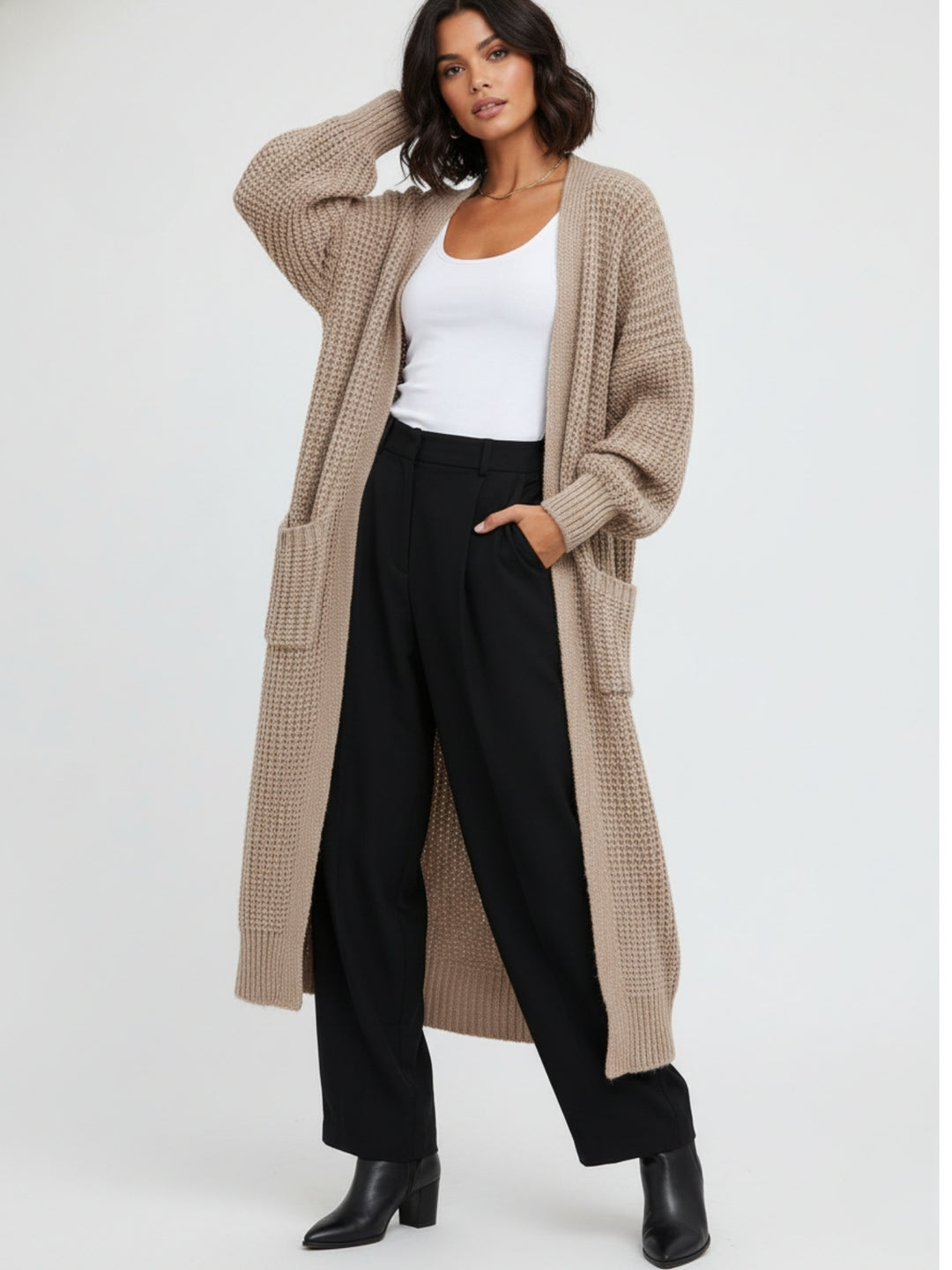 Beige Full Sleeves Solid Long Cardigan