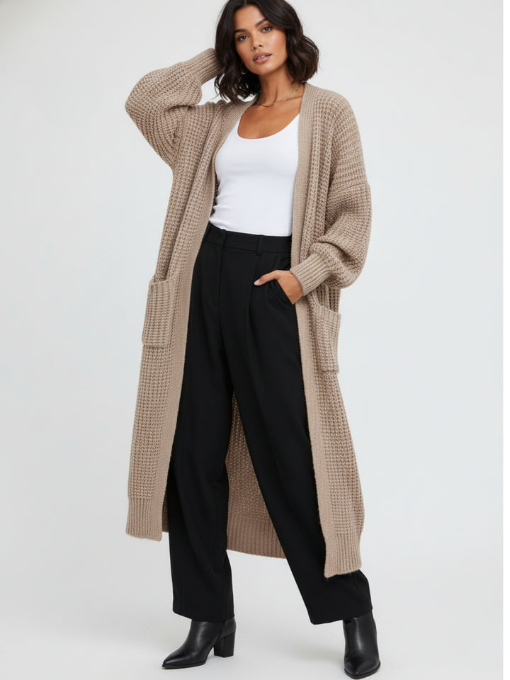 Beige Full Sleeves Solid Long Cardigan