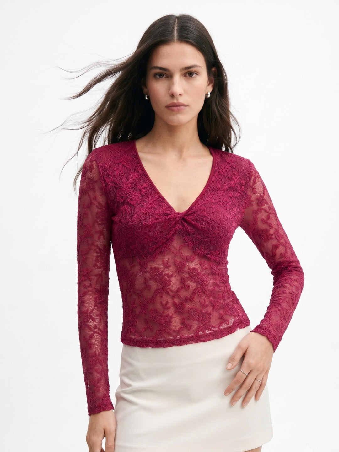 Maroon Full Sleeve V Neck Lace Top