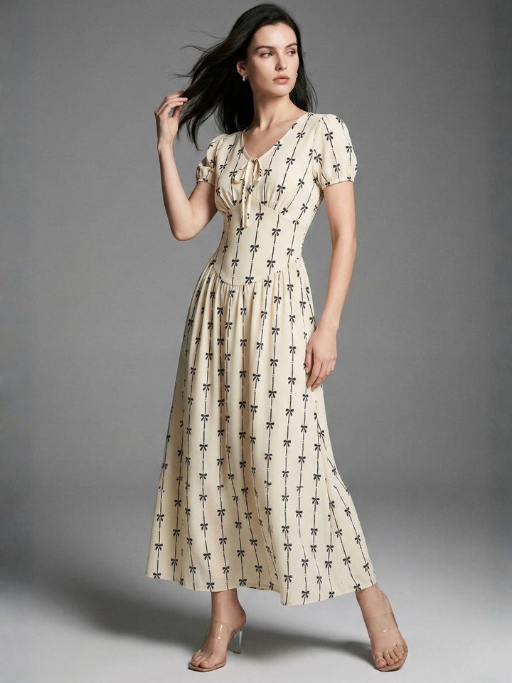 Cream Short Sleeve V Neck Corset Dress