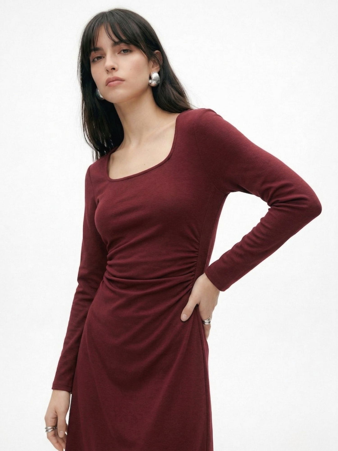 Wine Full Sleeve Round Neck Dress