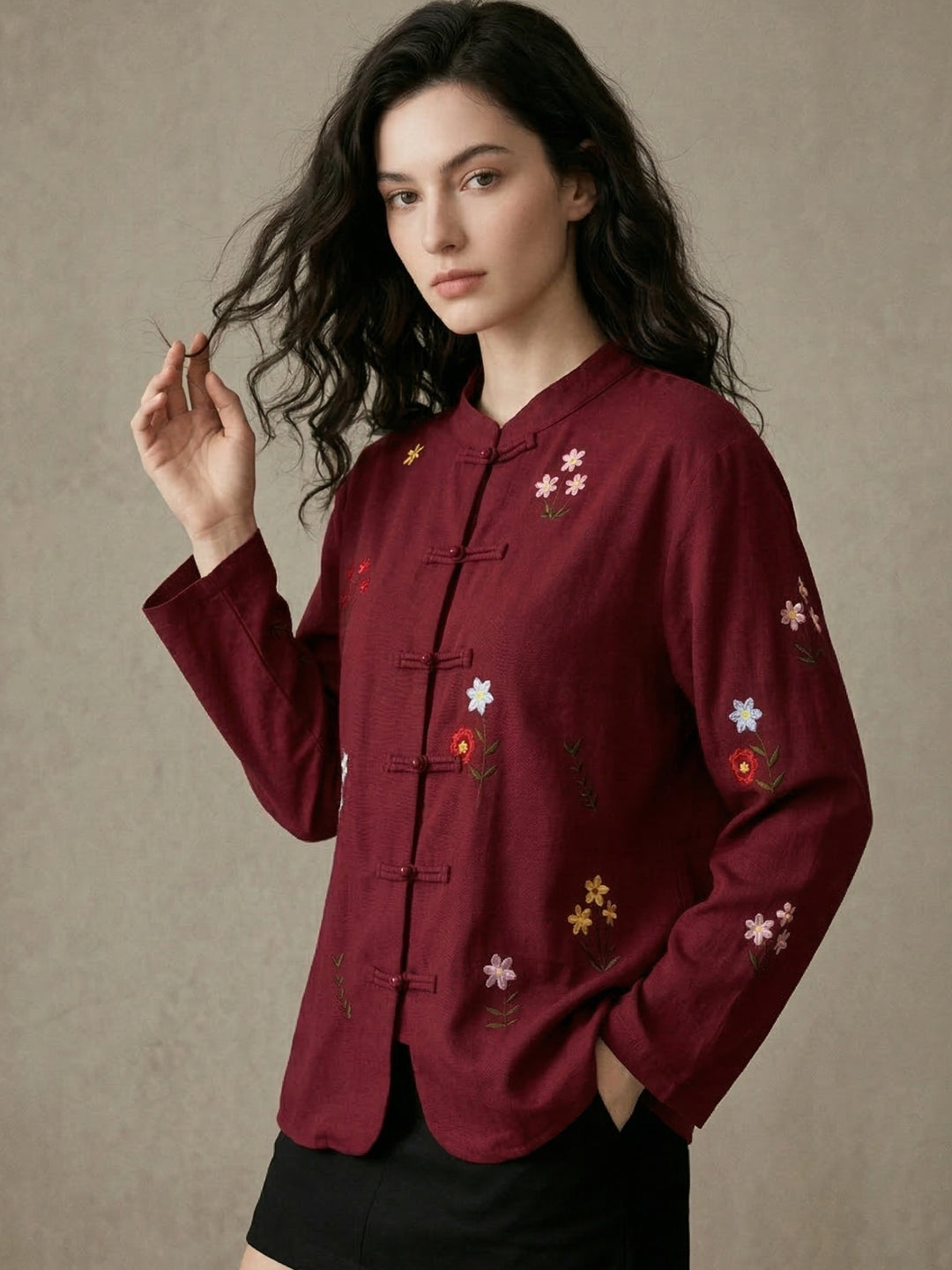Maroon Embroidered Button Up Shity
