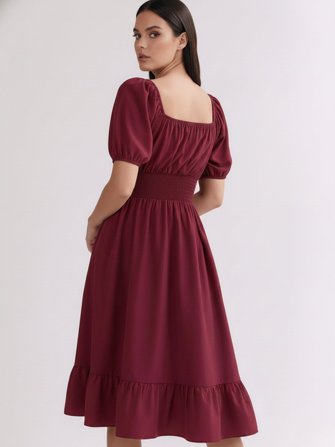 Burgundy Square Neck Cinched Waist Dress