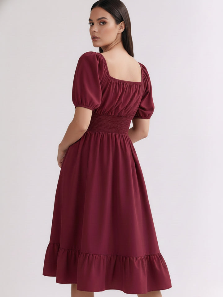Burgundy Square Neck Cinched Waist Dress