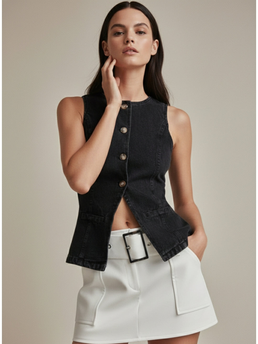 Black Front Buttoned Denim Vest