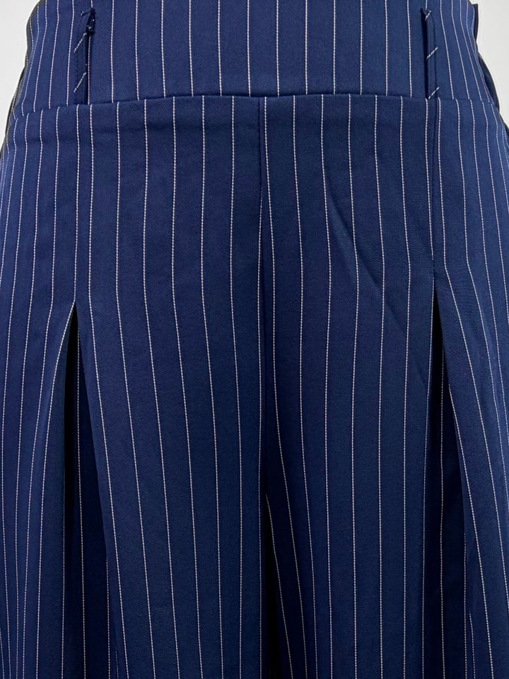 Blue Wide Leg Pleated Trouser With Belt Detail
