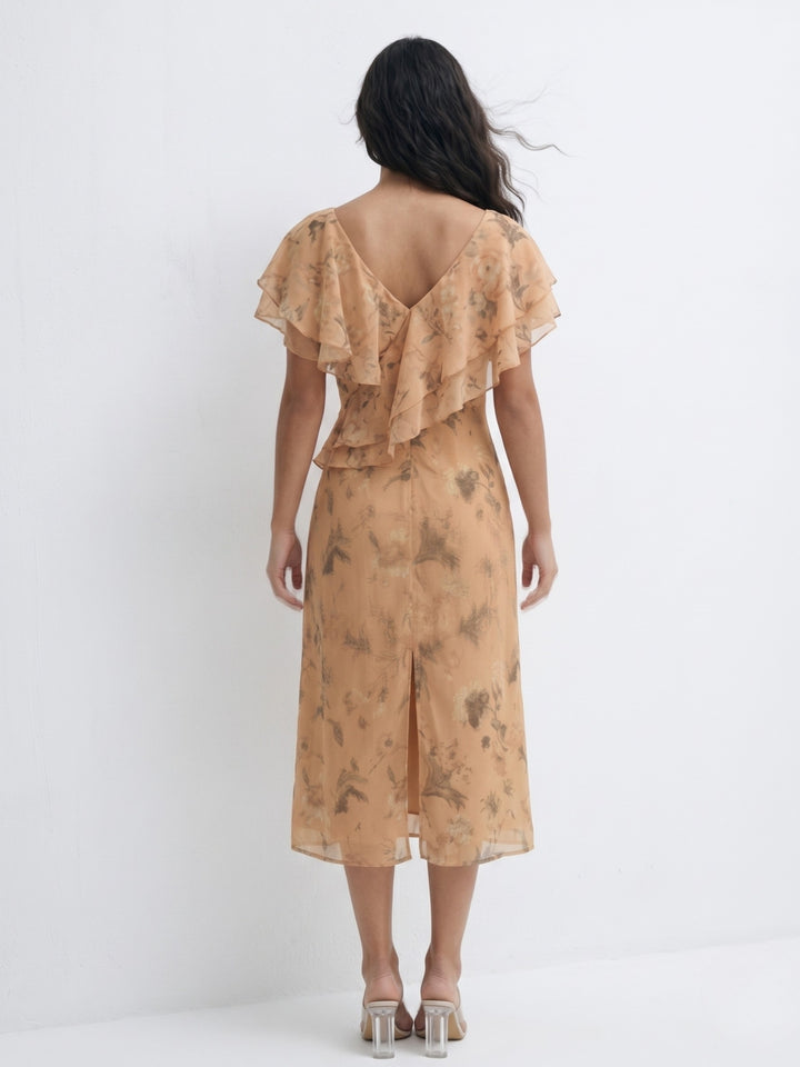 Orange Ruffle Neck Printed Dress