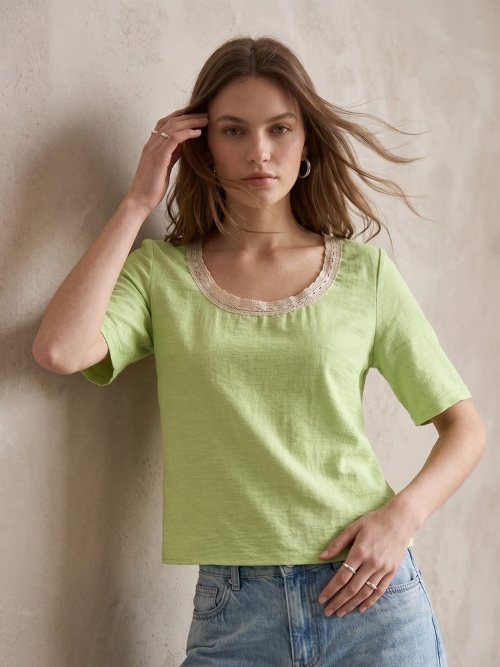 Green Relaxed Top With Lace Inserted Neck Line