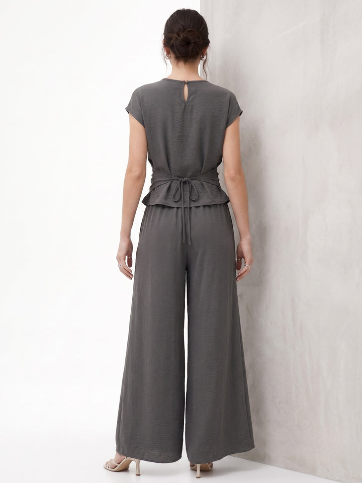 Grey Wrap Hem Detail Top With Wide Leg Pants Co-Ord Set