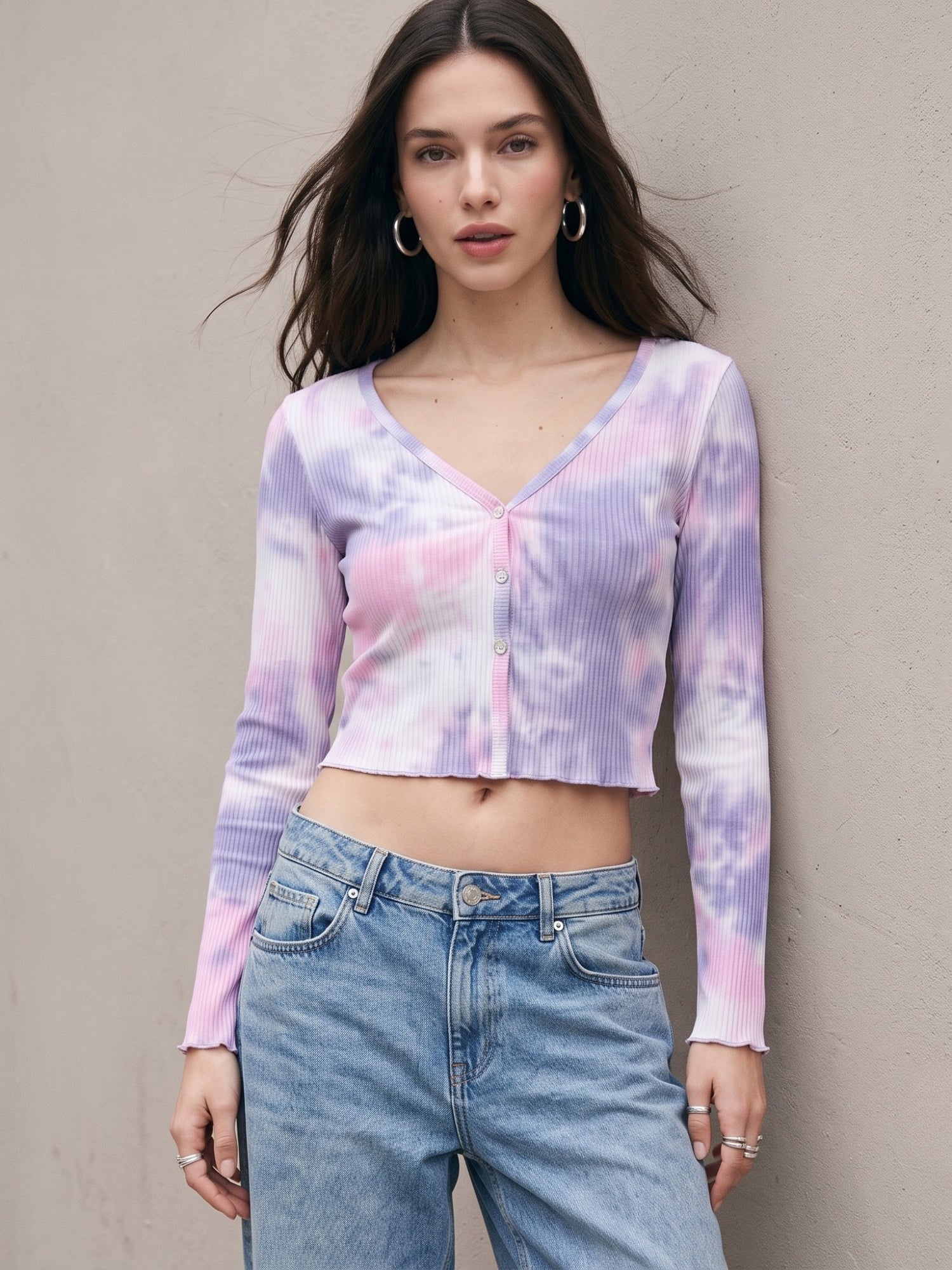 Pink Tie Die Full Sleeve Front Button Top
