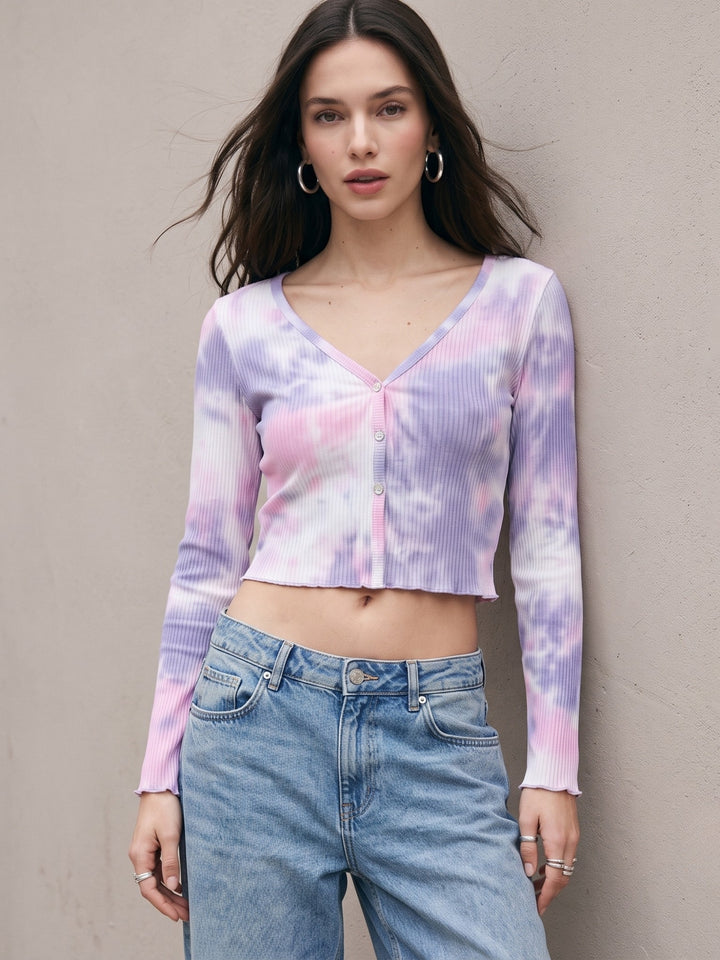 Pink Tie Die Full Sleeve Front Button Top