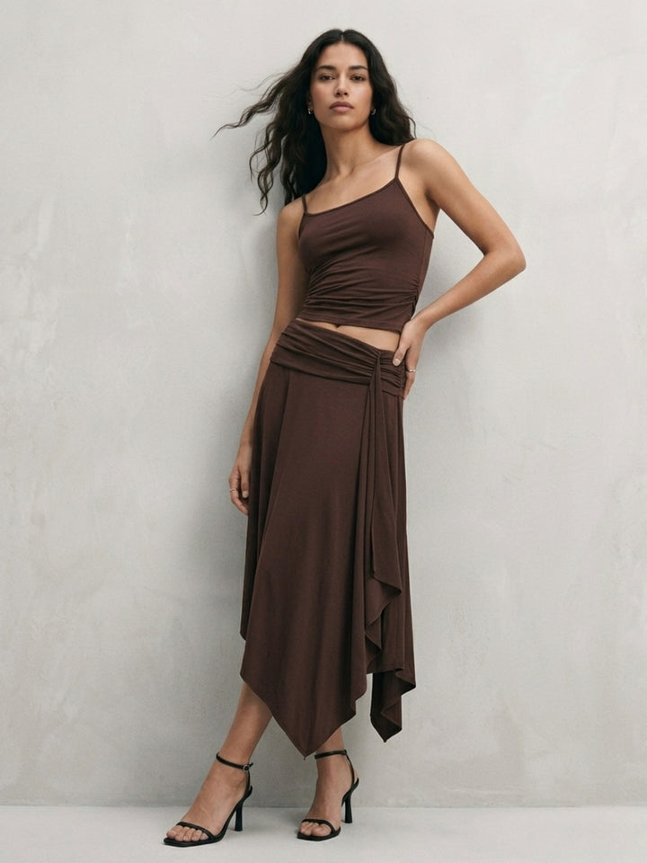 Brown Fitted Top And Asymmetrical Hem Skirt