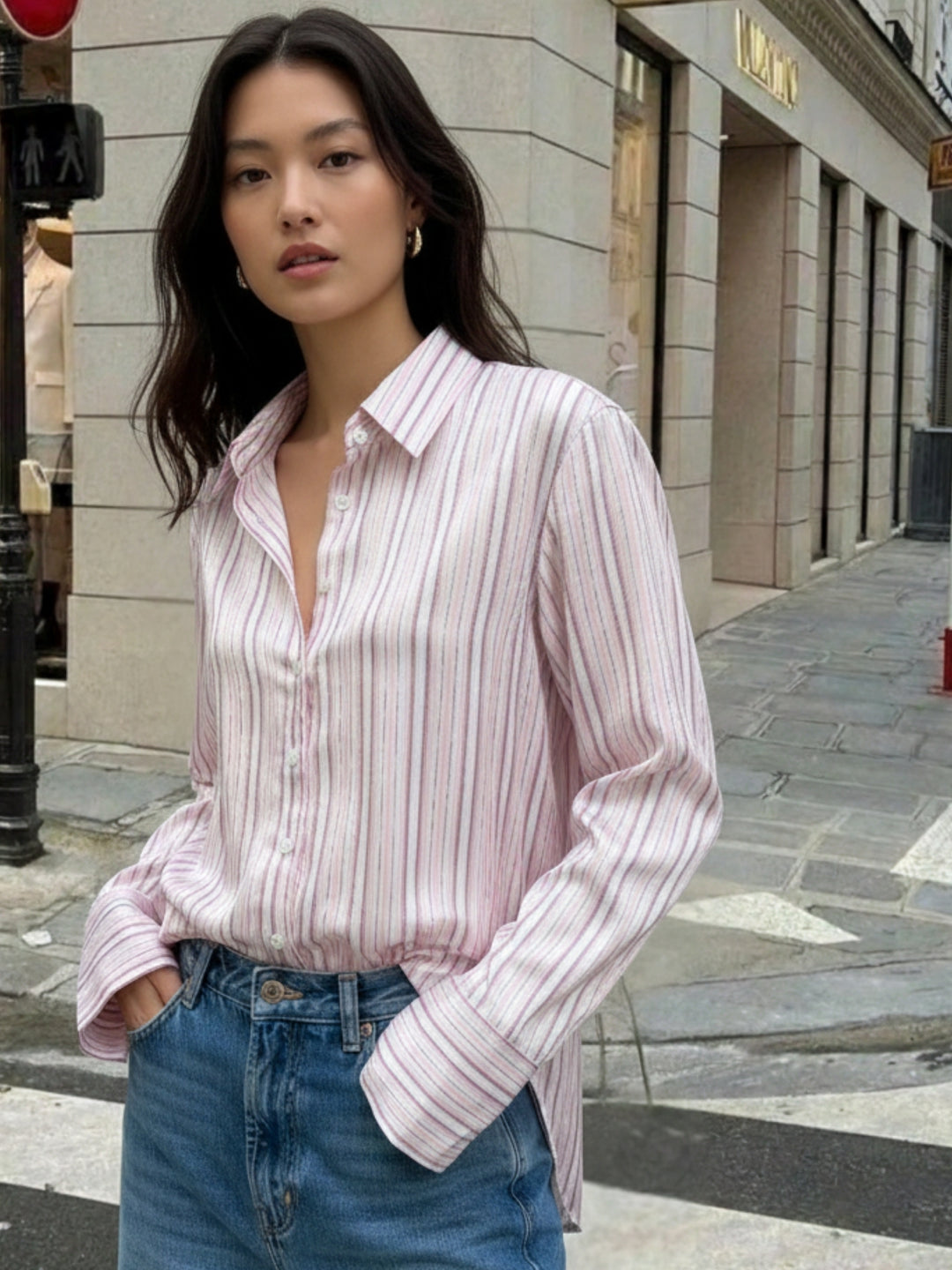 Pink Full Sleeve Fitted Striped Shirt