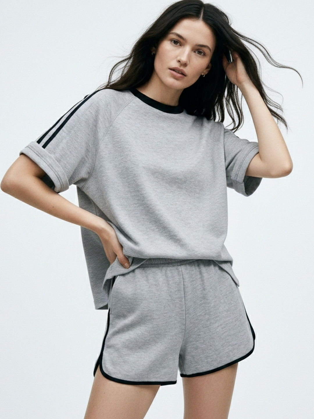 Grey Tonal Striped T-Shirt And Shorts Co-Ord Set