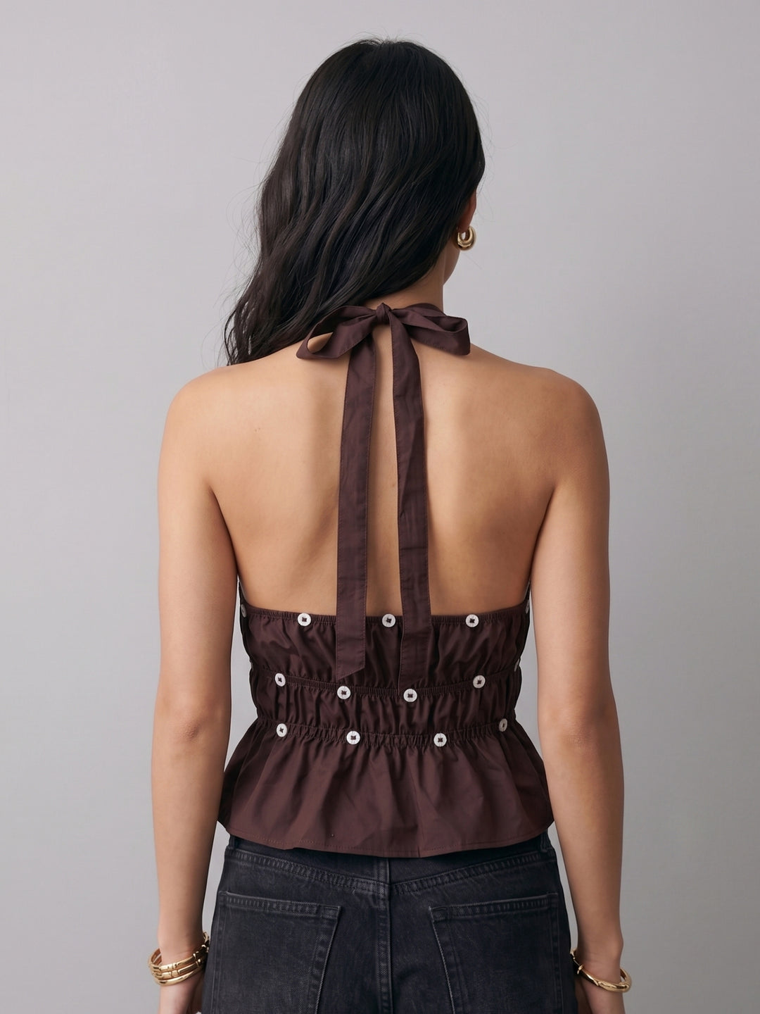 Brown Studded V Neck Halter Top