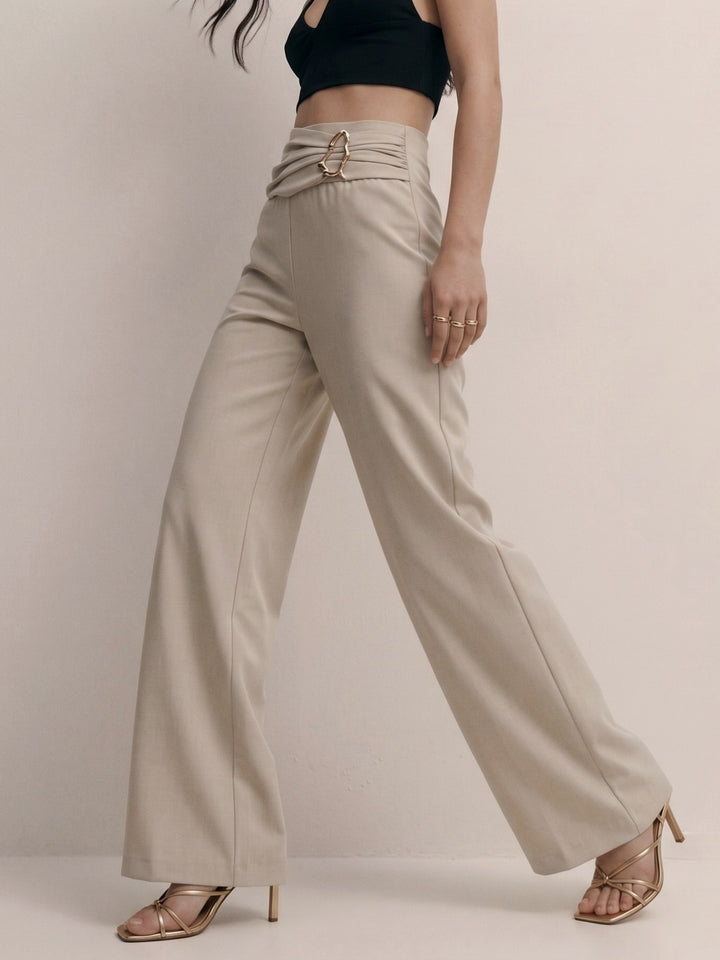 Cream Criss Cross Waist Band Trousers With Metal Buckle Detail